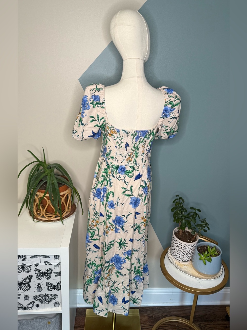 Floral Butterfly Linen Blend Midi Dress Puff Sleeve Autumn Wedding Guest Size 8 - Picture 4 of 11